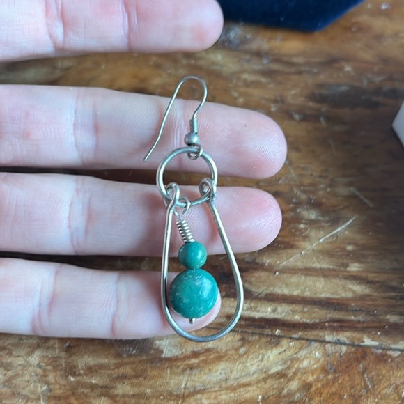 Turquoise and silver sterling dangly artisan earrings - Picture 2 of 5